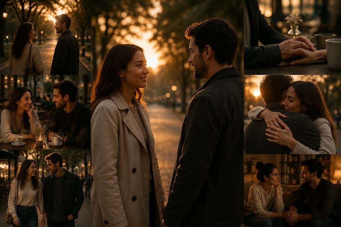Pareja tomada de la mano caminando juntos, reencuentro consciente
